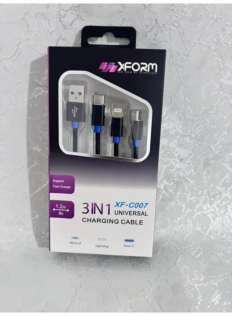 إكس فورم 3 في 1 يو إس بي كابل شحن سريع  أسلاك شاحن فائقة الطاقة شاحن الهاتف العالمي، سلك شاحن متعدد للهاتف الخلوي، أجهزة لوحية وأكثر