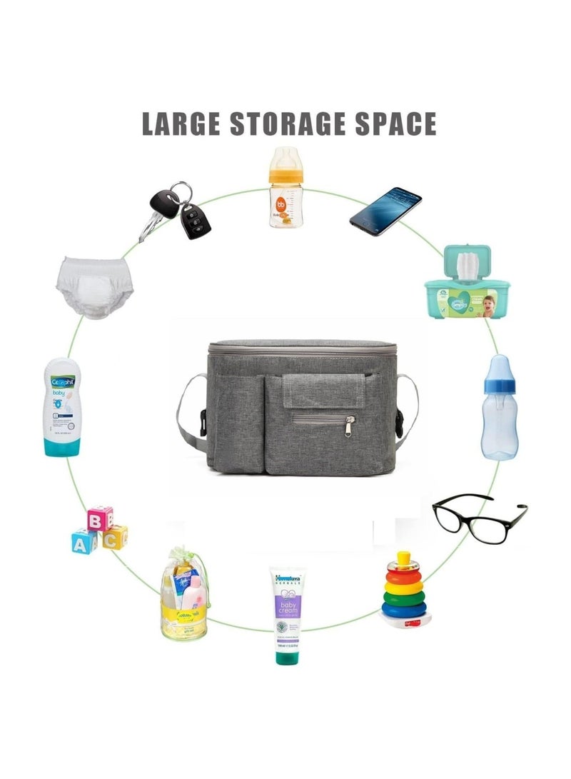 Baby Stroller Organizer Large Capacity Portable Pram Bag Universal Multifunctional Baby Buggy Organiser with Cup Holders Grey - Image 3