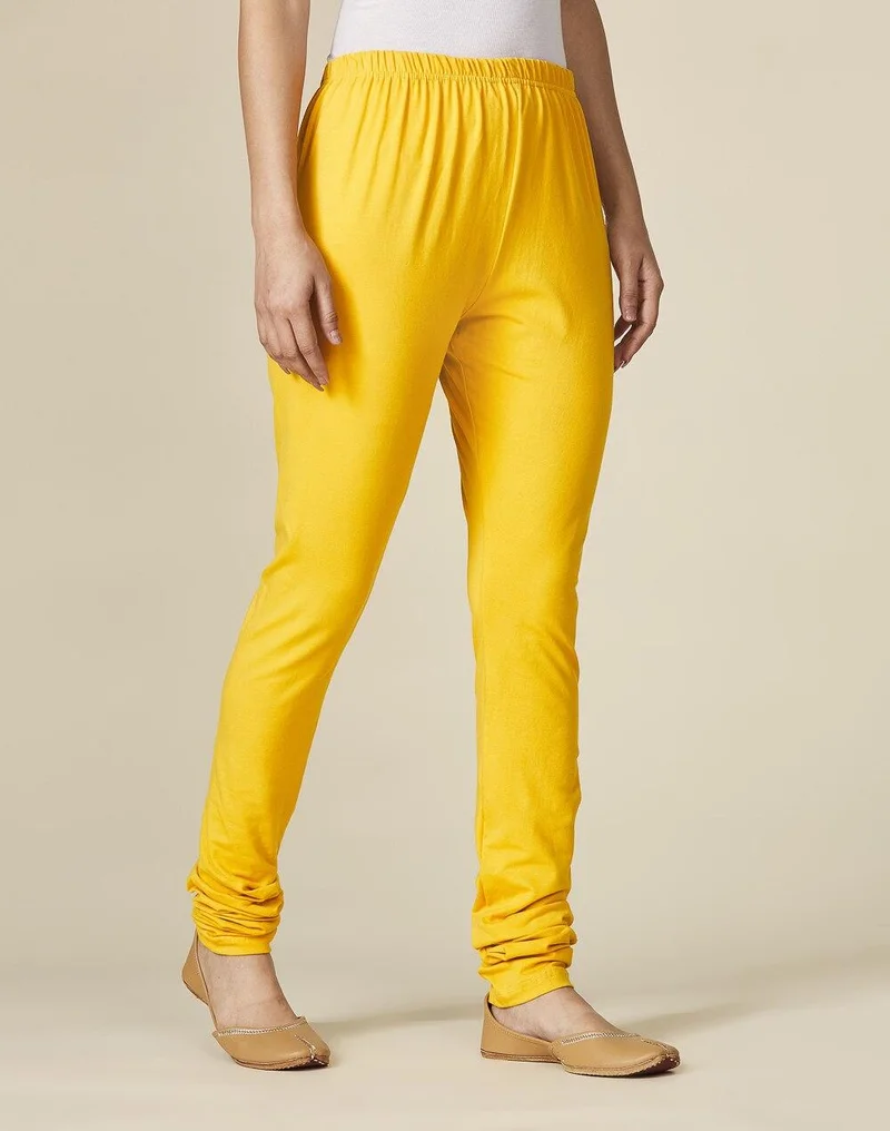 Fabindia Mustard Cotton Knitted Churidar With Elasticated Waist