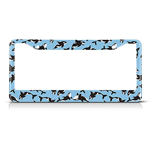 Beabes Killer Whales Pattern License Plate Frame Black and White Animal License Plate Holder Blue Car Tag Frame License Plate Cover Car Accessories 2 Holes Novelty Auto Car Tag Vanity Present - Image 1