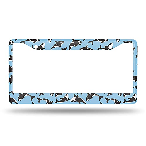 Beabes Killer Whales Pattern License Plate Frame Black and White Animal License Plate Holder Blue Car Tag Frame License Plate Cover Car Accessories 2 Holes Novelty Auto Car Tag Vanity Present - Image 2