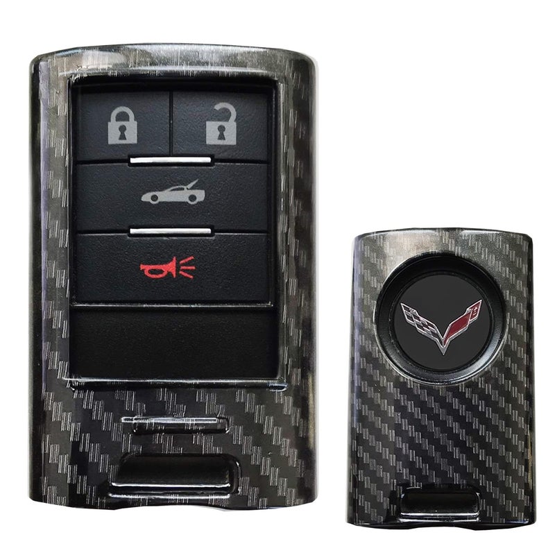iJDMTOY Black Carbon Fiber Pattern Hard Plastic Shell Keyfob Protective Keychain Compatible With Cadillac OEM 5923887 22756465 etc ATS CTS DTS XTS SRX STS Escalade C7 Corvette