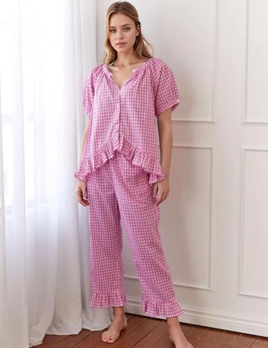 Flygo Womens Plaid 2 Piece Pajamas Sets Gingham Button Down Puff Sleeve Babydoll Shirt Ruffle Pants Y2K Pjs Lounge SetRoseS - Image 3
