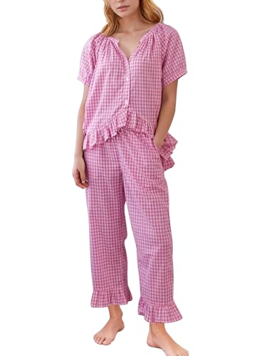 Flygo Womens Plaid 2 Piece Pajamas Sets Gingham Button Down Puff Sleeve Babydoll Shirt Ruffle Pants Y2K Pjs Lounge SetRoseS - Image 1