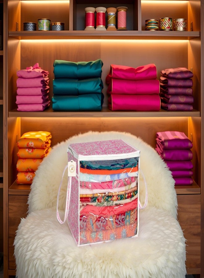 SHAPING FABRIC Pink Floral Fabric Saree Storage Bag with Transparent Front & Zipper Closure – Pack of 01 SNP-835 - Image 1