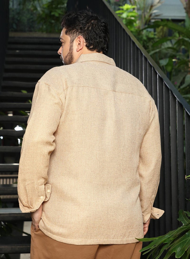 Instafab Plus Men Solid Twill Shirt | Spread Collar, Long Button-Cuff Sleeves | Button Closure, Curved Hem | Solid Twill | Woven Fabric For Plus Size Casual & Daily Wear | Sand Beige - Image 5