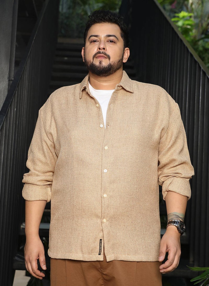 Instafab Plus Men Solid Twill Shirt | Spread Collar, Long Button-Cuff Sleeves | Button Closure, Curved Hem | Solid Twill | Woven Fabric For Plus Size Casual & Daily Wear | Sand Beige - Image 2