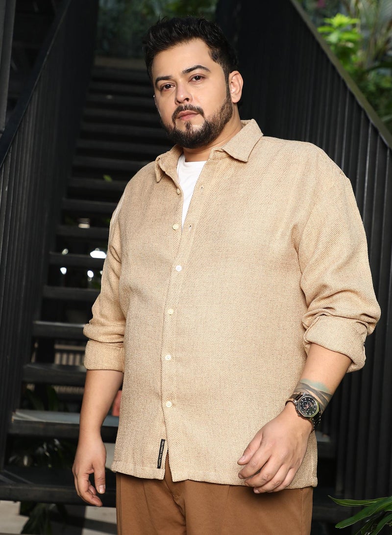 Instafab Plus Men Solid Twill Shirt | Spread Collar, Long Button-Cuff Sleeves | Button Closure, Curved Hem | Solid Twill | Woven Fabric For Plus Size Casual & Daily Wear | Sand Beige - Image 3