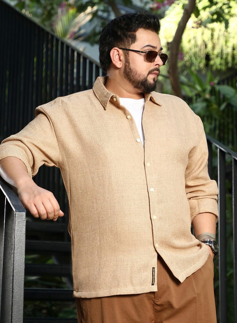 Instafab Plus Men Solid Twill Shirt | Spread Collar, Long Button-Cuff Sleeves | Button Closure, Curved Hem | Solid Twill | Woven Fabric For Plus Size Casual & Daily Wear | Sand Beige - Image 1