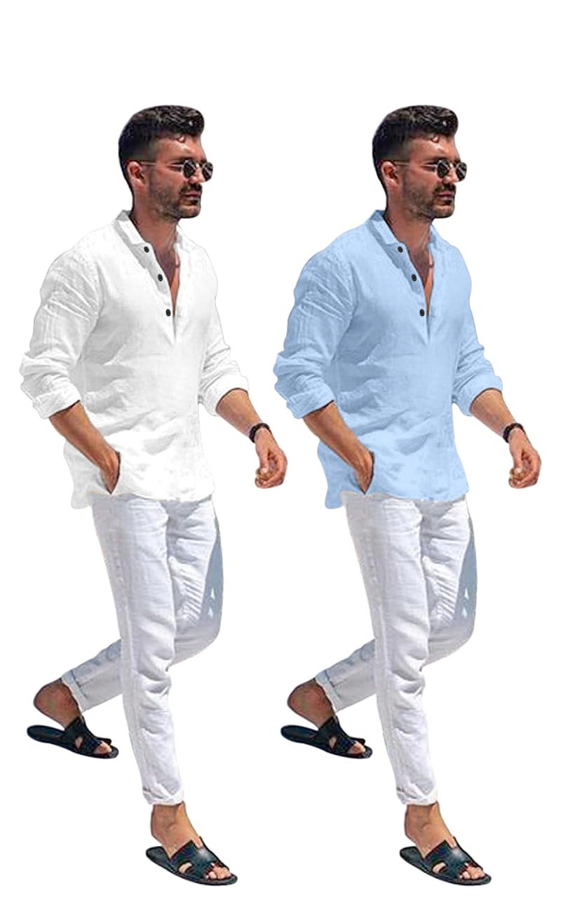 Bellstone Combo of Men Solid Cotton Blend Straight Kurta Shirt Pack of 2 - Image 3