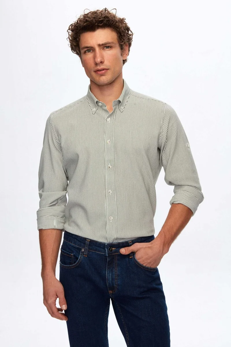دي أس دامات D'S Groom Ds Groom Regular Fit Khaki Striped Patterned Shirt