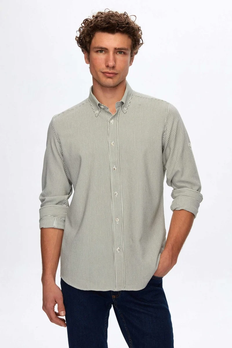 دي أس دامات D'S Groom Ds Groom Regular Fit Khaki Striped Patterned Shirt