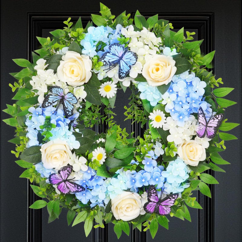Grandeal [Lighted & Timer] 24" Spring Summer Wreaths for Front Door Blue Hydrangea Wreath with Lights Butterfly Rose Daisies Artificial Floral Wreath for Home Wall Window Farmhouse Wedding Indoor Outdoor Decor - Image 1