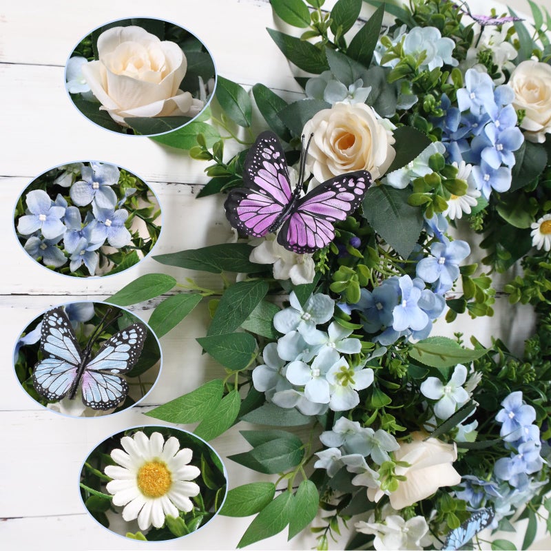 Grandeal [Lighted & Timer] 24" Spring Summer Wreaths for Front Door Blue Hydrangea Wreath with Lights Butterfly Rose Daisies Artificial Floral Wreath for Home Wall Window Farmhouse Wedding Indoor Outdoor Decor - Image 4