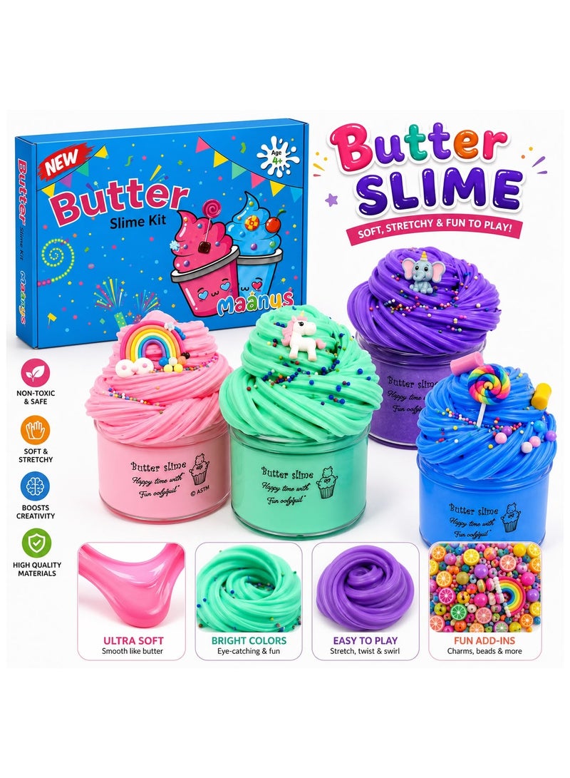 Maanys Butter Slime Kit, Tacky-Free Slime Fluffy, and Scented, Perfect Slime for Kids, Adults, Parties, Learning, and Stress Relief, Endless Fun and Creativity, Pack of 4 - Image 1