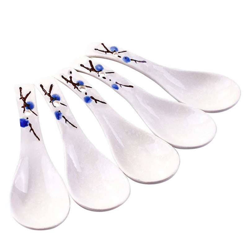 Ceramic Soup Spoon Set of 5 Japanese Style Blue Plum Asian Spoons Serving for Fruit Salad Ice Cream Oatmeal