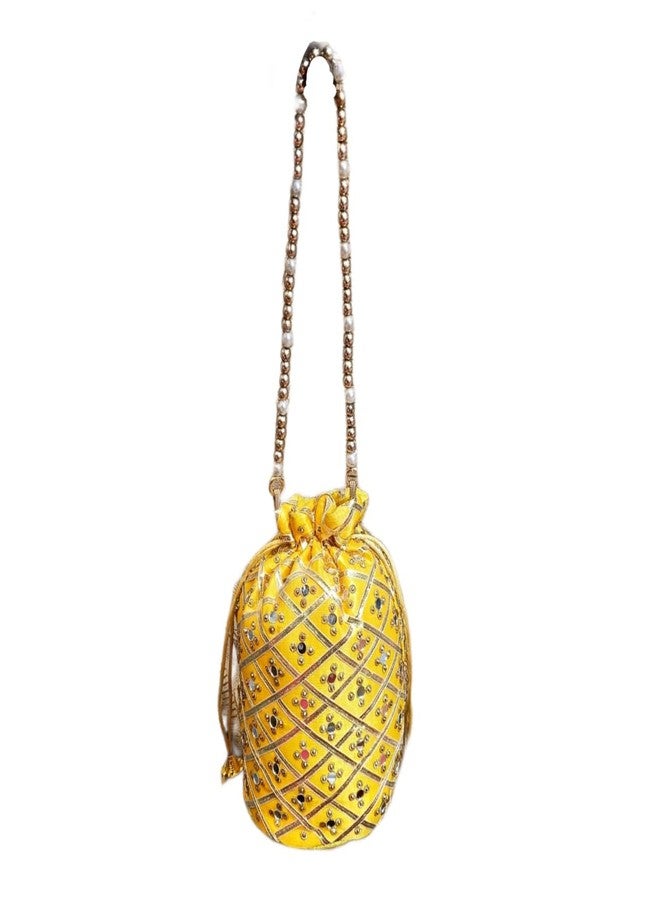 APLOMB Yellow Beaded Potli Bag with Pearl Handle, Traditional Drawstring Purse - Image 1