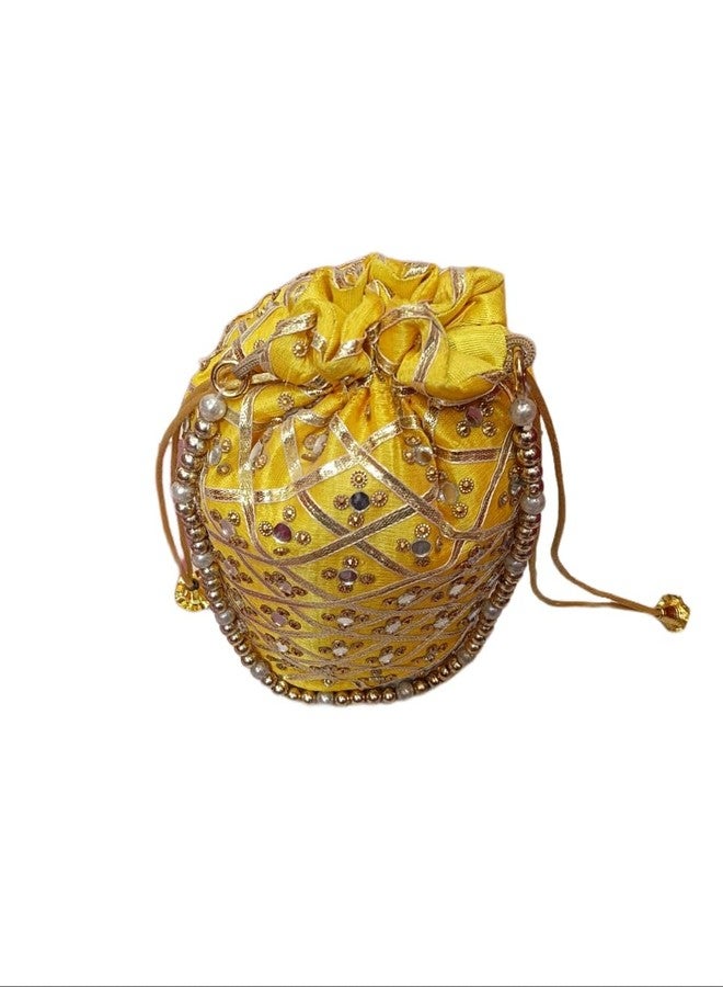 APLOMB Yellow Beaded Potli Bag with Pearl Handle, Traditional Drawstring Purse - Image 2