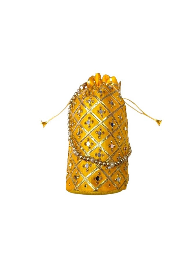 APLOMB Yellow Beaded Potli Bag with Pearl Handle, Traditional Drawstring Purse - Image 3