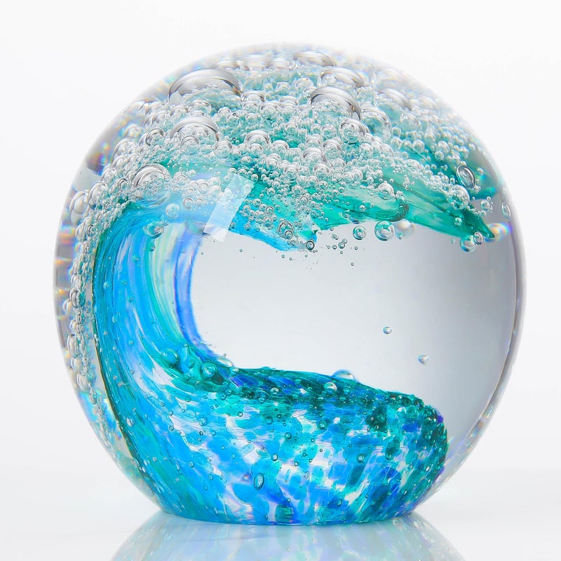 Qianwei Hand Blown Ocean Waves Crystal Ball - Glass Collectible Figurines Spere - Paperweight Glass Ball Aquarium DecorOffice Decor Ocean Lovers - Image 1