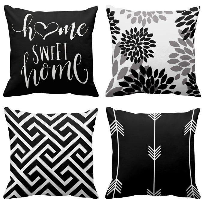 SET OF 4 THROW PILLOW COVERS MODERN ABSTRACT GEOMETRY BLACK WHITE AND GREY WORDS SWEET FLORAL ARROW DECORATIVE PILLOW CASES HOME DECOR STANDARD SQUARE 20X20 INCHES PILLOWCASES