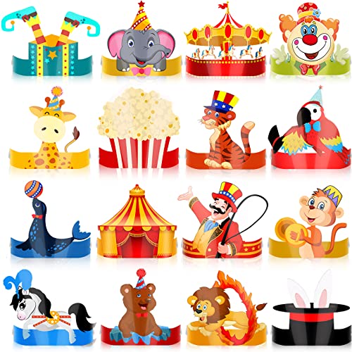 Woanger 32 Pcs Carnival Party Hats Welcome to The Carnival Red Blue Yellow Birthday Circus Headband with Ropes Paper Crown Animal Theme Party Decorations for Birthday Supply Circus Style - Image 1