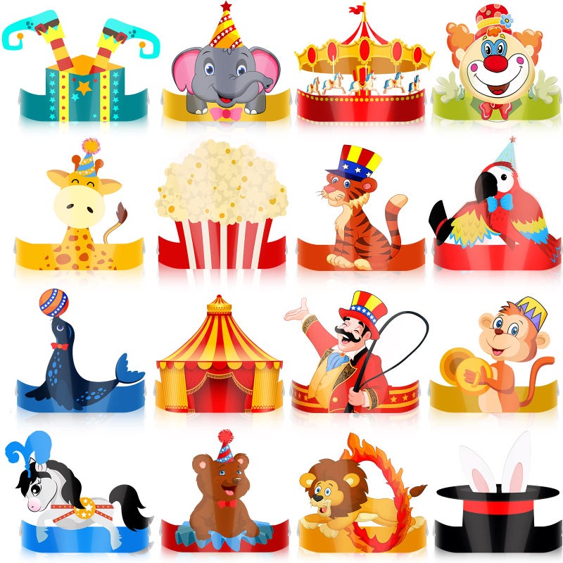 Woanger 32 Pcs Carnival Party Hats Welcome to The Carnival Red Blue Yellow Birthday Circus Headband with Ropes Paper Crown Animal Theme Party Decorations for Birthday Supply Circus Style - Image 2