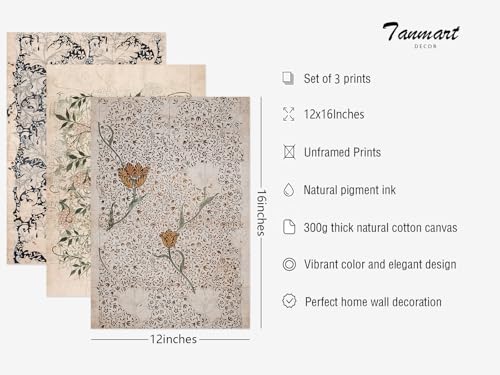 Tanmart Vintage William Morris Wall Art Decor Boho Floral Botanical Canvas Pictures Abstract Neutral Flower Prints Vintage Farmhouse Artwork Painting for Living Room Bedroom 12x16 Inch Unframed Set of 3 - Image 3