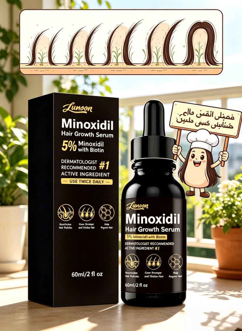LUNOON 🌱 [5% Minoxidil + Biotin · Follicle-Activating Hair Growth Serum] Dermatologist-Recommended Active Ingredient | Strengthens Roots × Thickens & Densifies Hair | Revives Dormant Follicles · Reduces Hair Loss | Unisex · 60ml Large Capacity | Twice Daily · Visible Regrowth Results! - Image 1
