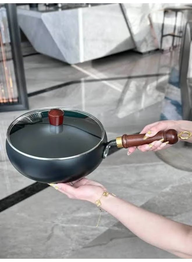 28cm Deep Wok Pan with Pyrex Glass Lid – Black Steel Cooking Pan - Image 1