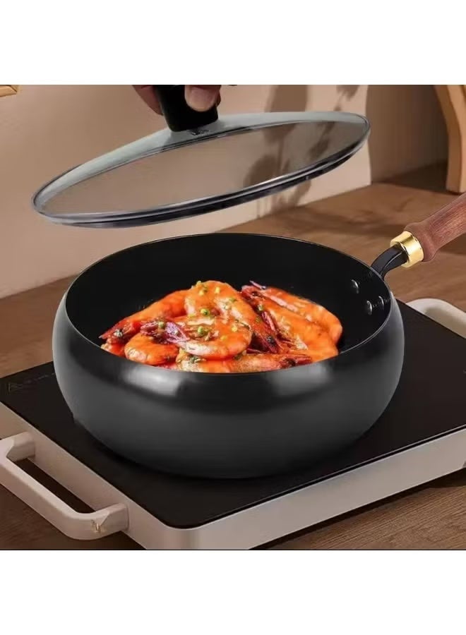 28cm Deep Wok Pan with Pyrex Glass Lid – Black Steel Cooking Pan - Image 2