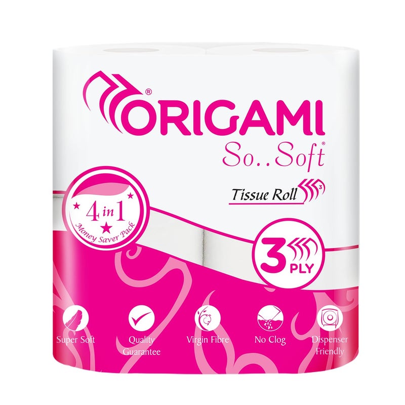Origami So Soft So.Soft - 3 Ply Toilet Paper | Tissue Roll - 4 in 1-4 Rolls - 340 pulls per roll - Total 1360 Pulls - Image 1