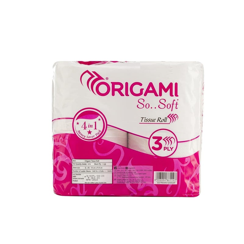 Origami So Soft So.Soft - 3 Ply Toilet Paper | Tissue Roll - 4 in 1-4 Rolls - 340 pulls per roll - Total 1360 Pulls - Image 2