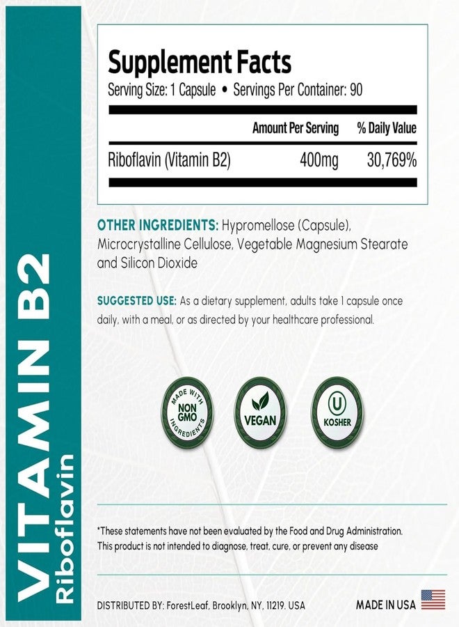 ForestLeaf Vitamin B2 Riboflavin 400mg - Energy, Skin & Cellular Health Supplement - Nervous System Support - Vitamin B 2 VIT B - Non-GMO & Gluten Free - B2 Vitamin 400mg Vegetable Capsules, 90 Count - Image 3