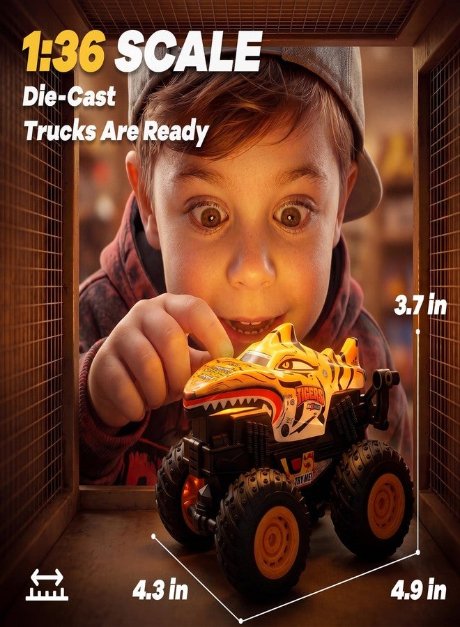 BEZGAR 3 Pack Monster Truck Toys - 1:36 Scale Push and Go Toy Cars with Giant Wheels and Cool Designs, Friction-Powered Cars with Light & Sound for Boys and Girls, Kids Toys for Ages 2+ - Image 2