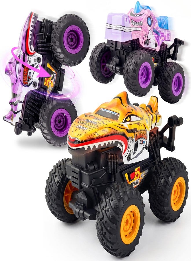 BEZGAR 3 Pack Monster Truck Toys - 1:36 Scale Push and Go Toy Cars with Giant Wheels and Cool Designs, Friction-Powered Cars with Light & Sound for Boys and Girls, Kids Toys for Ages 2+ - Image 1