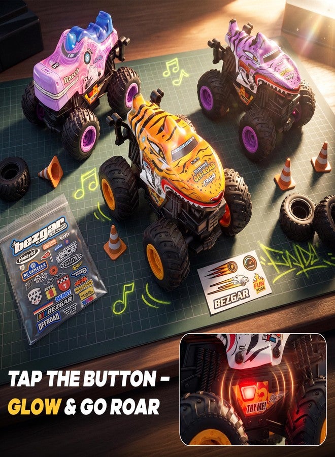 BEZGAR 3 Pack Monster Truck Toys - 1:36 Scale Push and Go Toy Cars with Giant Wheels and Cool Designs, Friction-Powered Cars with Light & Sound for Boys and Girls, Kids Toys for Ages 2+ - Image 3