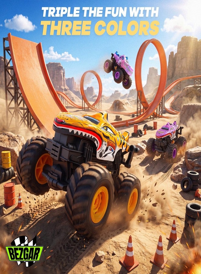 BEZGAR 3 Pack Monster Truck Toys - 1:36 Scale Push and Go Toy Cars with Giant Wheels and Cool Designs, Friction-Powered Cars with Light & Sound for Boys and Girls, Kids Toys for Ages 2+ - Image 4