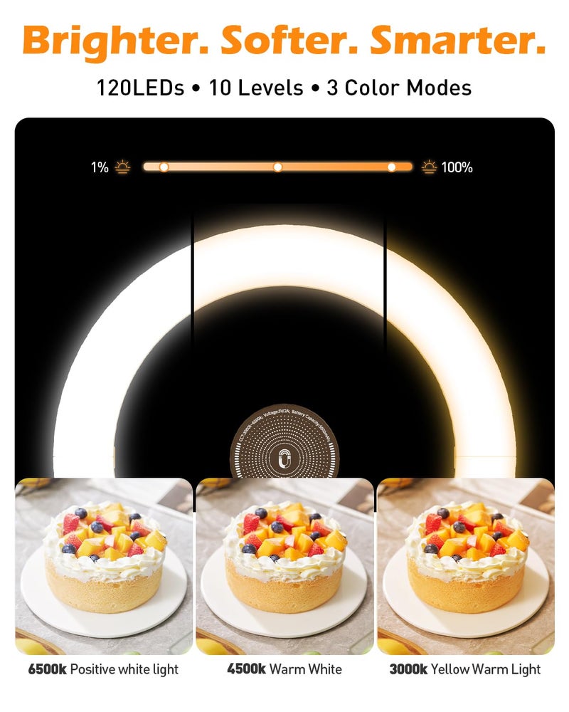 CloudValley Overhead Phone Mount with 10" Ring Light, 5000mAh Magnetic Desktop Tripod with Battery Display, Foldable Portable LED Light with 3 Modes & 10-Level Brightness for Makeup, Selfies, TikTok - Image 3