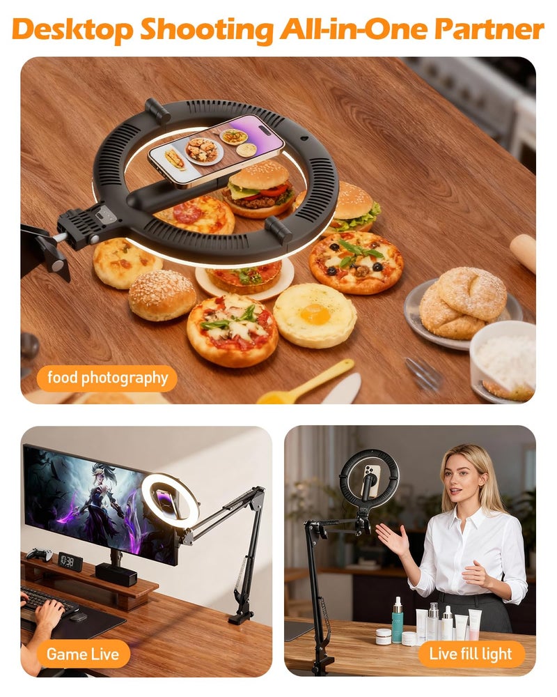 CloudValley Overhead Phone Mount with 10" Ring Light, 5000mAh Magnetic Desktop Tripod with Battery Display, Foldable Portable LED Light with 3 Modes & 10-Level Brightness for Makeup, Selfies, TikTok - Image 4