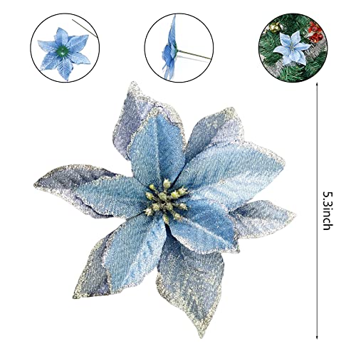 KEPATO Christmas Glitter Poinsettia Christmas Tree Ornaments Pack of 12 (Blue) - Image 2