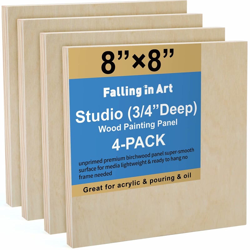Falling in Art Unfinished Birch Wood Canvas Panels Kit, 4 Pack of 8x8â€™â€™ Studio 3/4â€™â€™ Deep Cradle Boards for Pouring Art, Crafts, Painting and More - Image 1