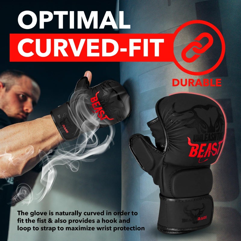 BEAST RAGE MMA Gloves for Men Women,Adjustable Wrist Support Open Palm Martial Arts Mitts Grappling Sparring for Muay Thai Cage Fighting Combat Taekwondo Kickboxing Boxing Training (Red, S/M) - Image 3