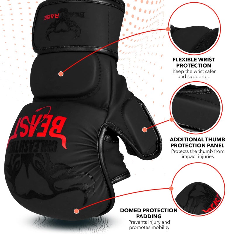 BEAST RAGE MMA Gloves for Men Women,Adjustable Wrist Support Open Palm Martial Arts Mitts Grappling Sparring for Muay Thai Cage Fighting Combat Taekwondo Kickboxing Boxing Training (Red, S/M) - Image 2