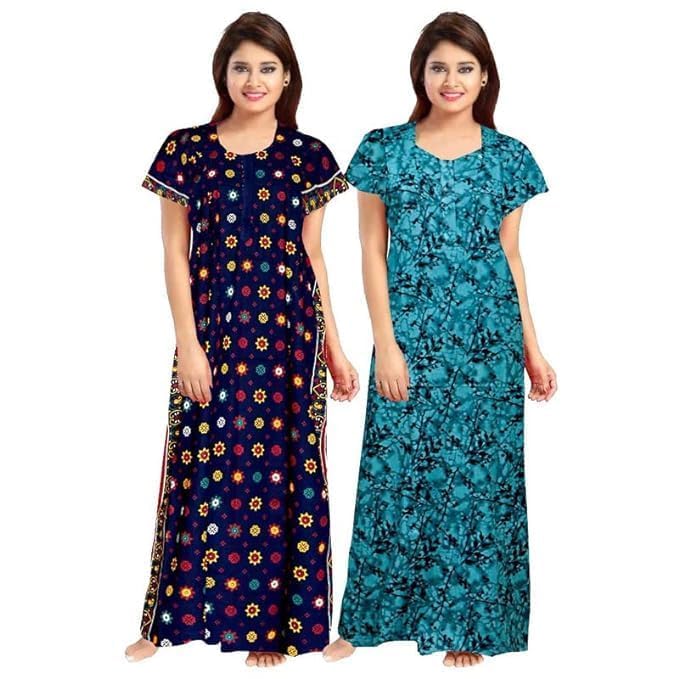 Vlazom Women’s Cotton Printed Maxi Nighty – Ankle Length Night Dress Gown, Pack of 2, Free Size – Soft & Breathable Sleepwear (Blue&Rama, Free Size) - Image 5