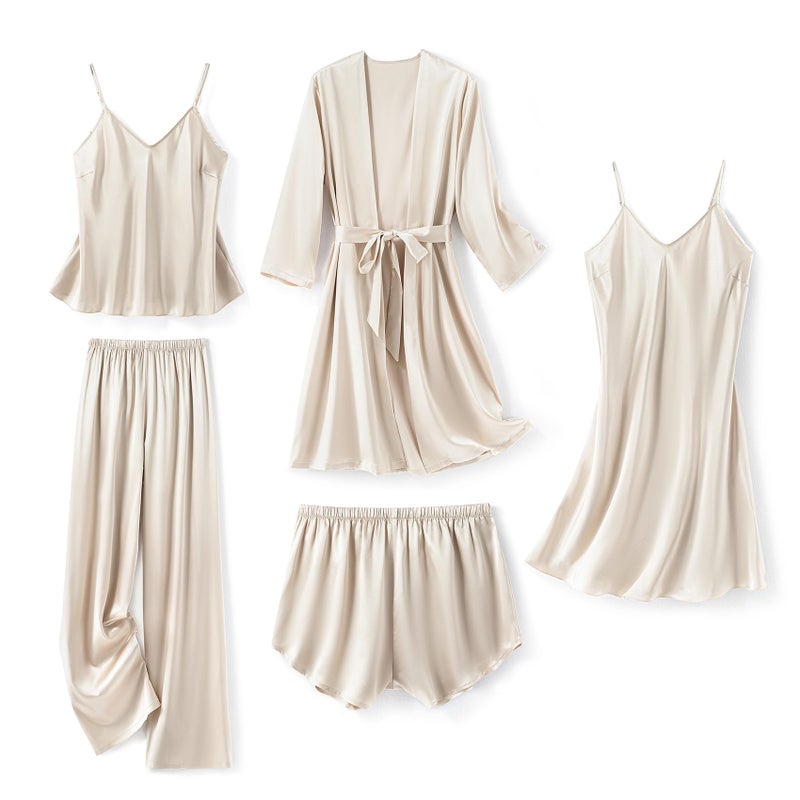 SAPJON Silk Pajamas for Women 5Pcs Sleepwear Loungewear Satin Robe Cami Shorts Pj Set Light Grey - Image 1