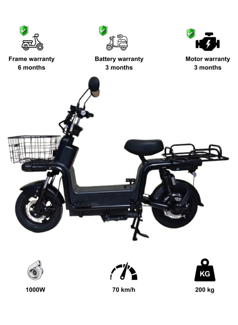 كاميل ITQ-8 برو، دراجة كهربائية للبالغين، بقدرة 1000 واط، إطار مقاس 14 بوصة، مدى يصل إلى 105 كيلومترات، مزودة بسلة ومرايا، باللون الأسود - Image 1