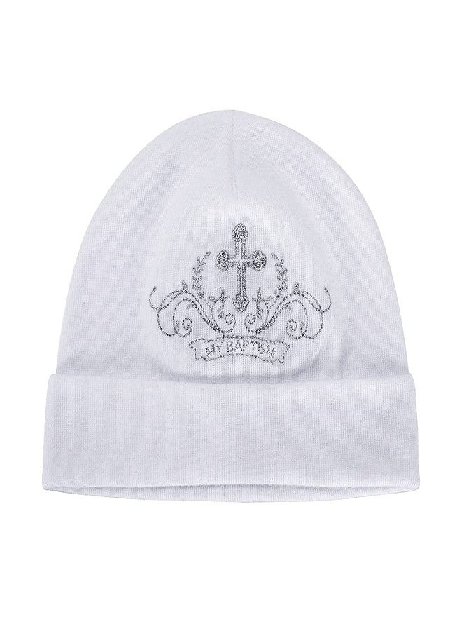 ESTAMICO Baptism Baby Girls Hat with Embroidered Cross Christening Baby Gifts Newborn Infant Beanie Hat, 0-3 Months - Image 1
