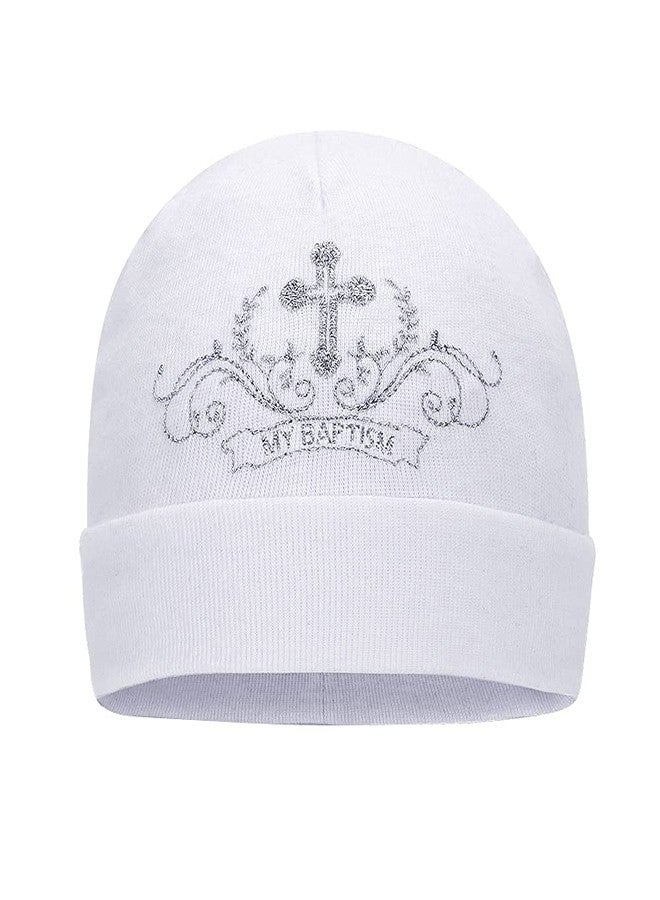 ESTAMICO Baptism Baby Girls Hat with Embroidered Cross Christening Baby Gifts Newborn Infant Beanie Hat, 0-3 Months - Image 3