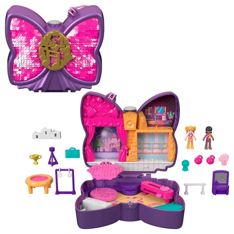 Polly Pocket Compact Playset, Sparkle Stage Bow with 2 Micro Dolls & Accessories, Travel Toys with Surprise Reveals - Image 1